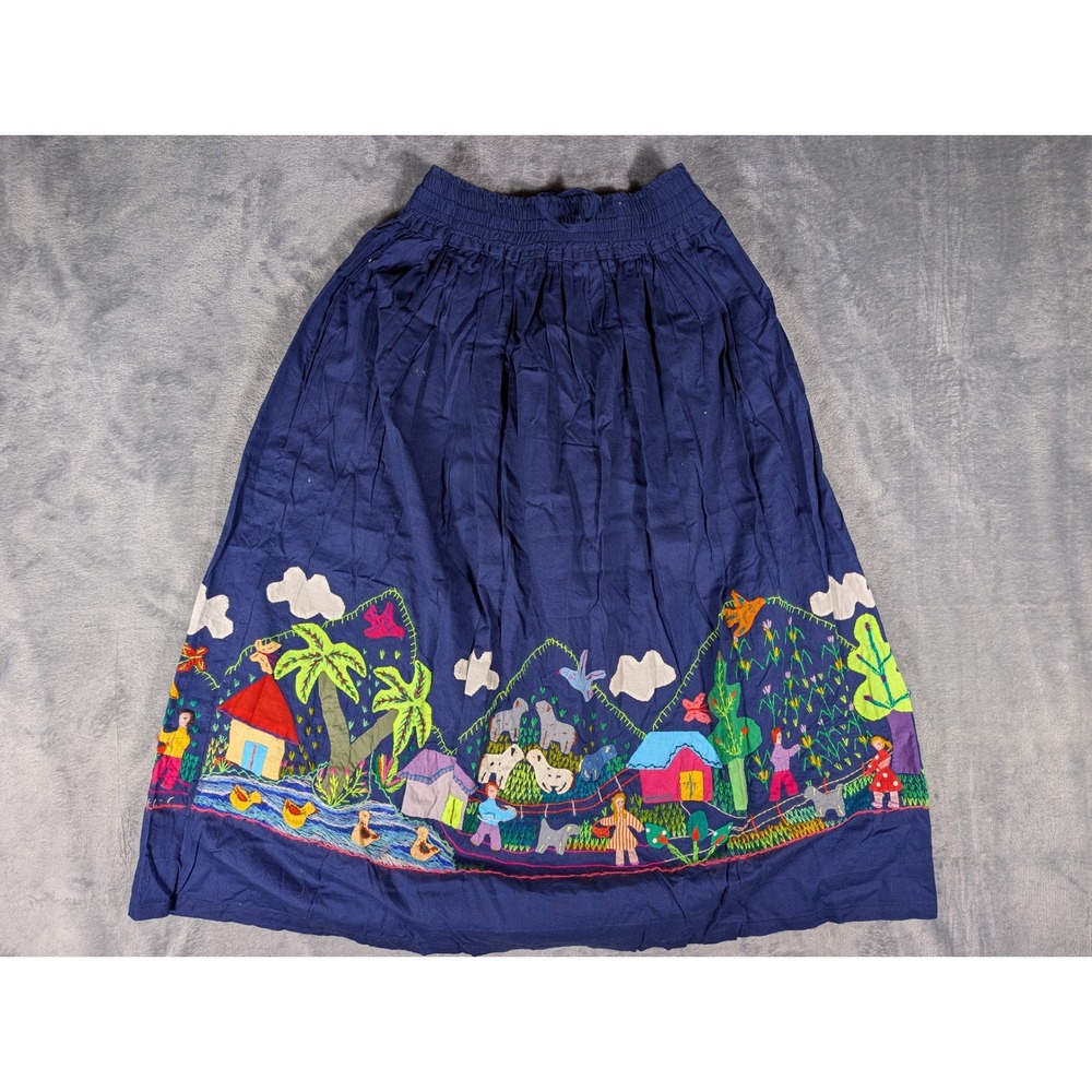 Cuyamuna Handmade Colombia Folk Art Embroidered Cotton Skirt Navy Blue 31L 13W - Picture 2 of 16